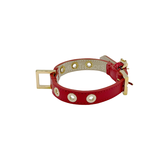 Collier à goujons dorés – Cuir rouge - Les Trésors Pets